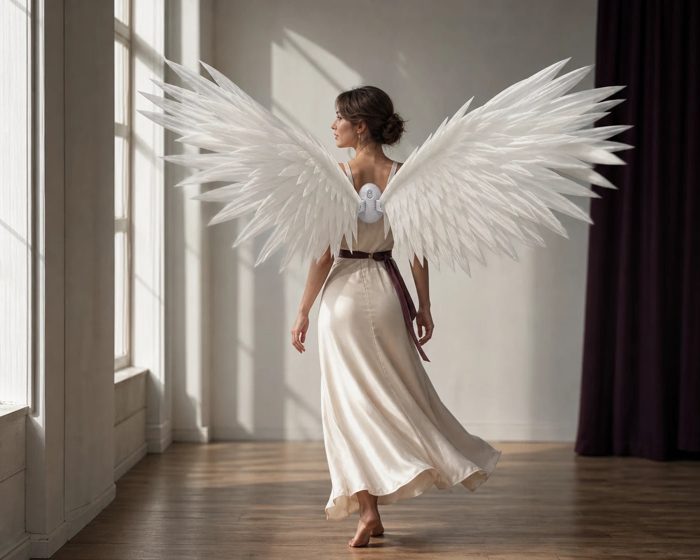 A woman turning in an ivory dress with white wings spread wide.