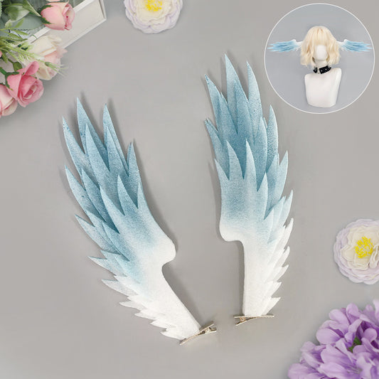 Pair of white and blue angel wing hair clips